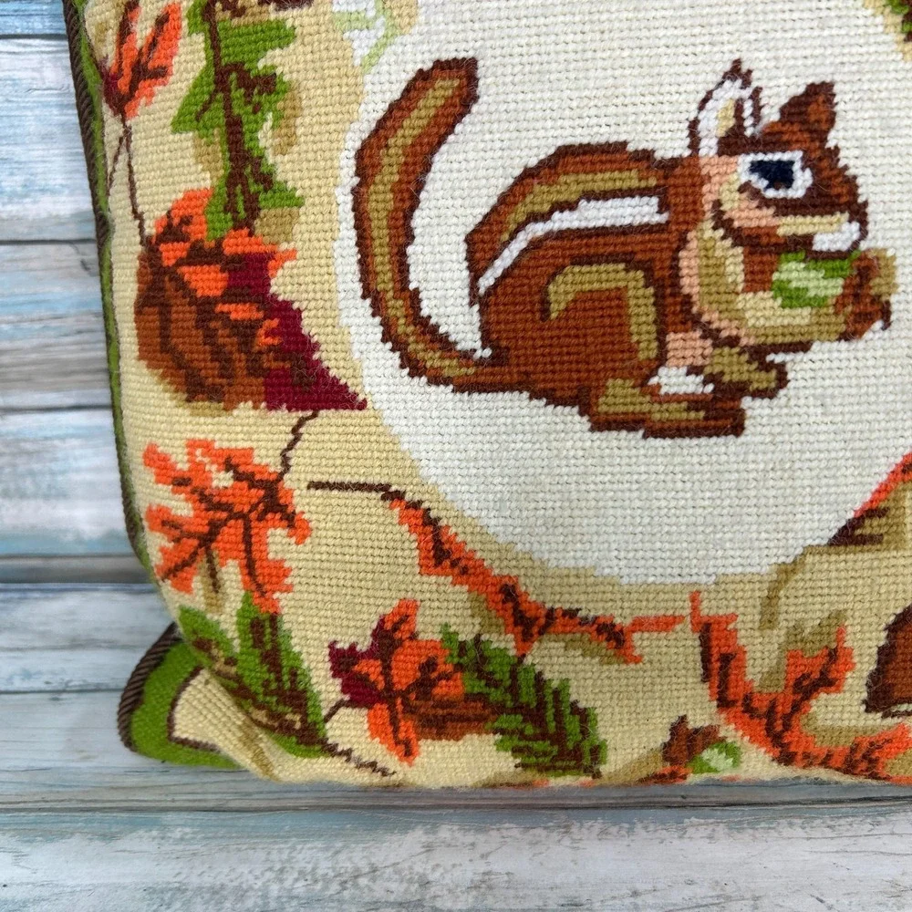 Vintage Needlepoint Pillow Chipmunk Fall Mushroom Leaves Handmade Retro 70s 80s‎